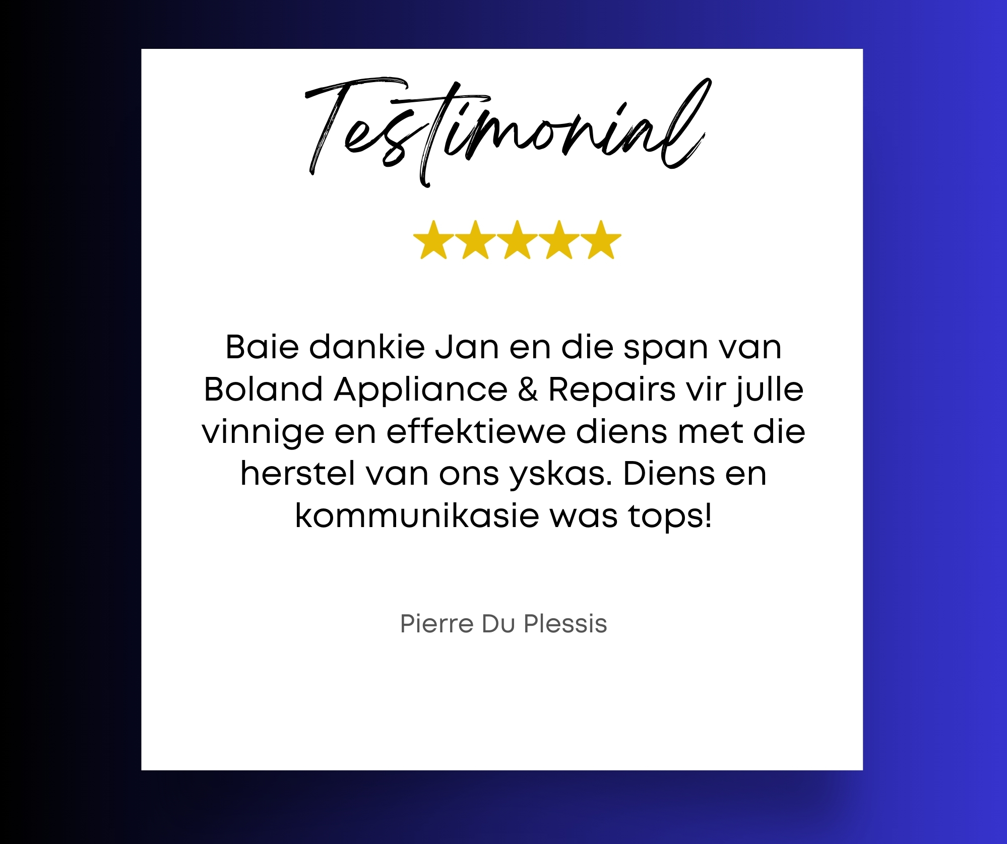 Testimonials Boland refrigeration Repairs and Sales